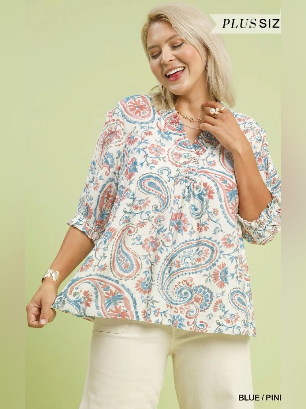 New! Umgee Plus Size Floral Paisley V-Neck Peasant Top - Blue/Pink Size X Large